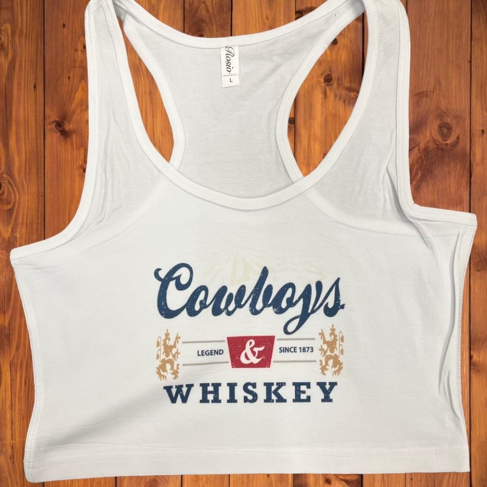 Cowboys and Whiskey  white western cropped ladies tank top